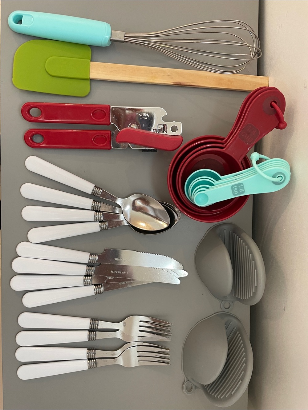 Kitchen Utensil Set with Red Measuring Cups & Aqua Measuring Spoons